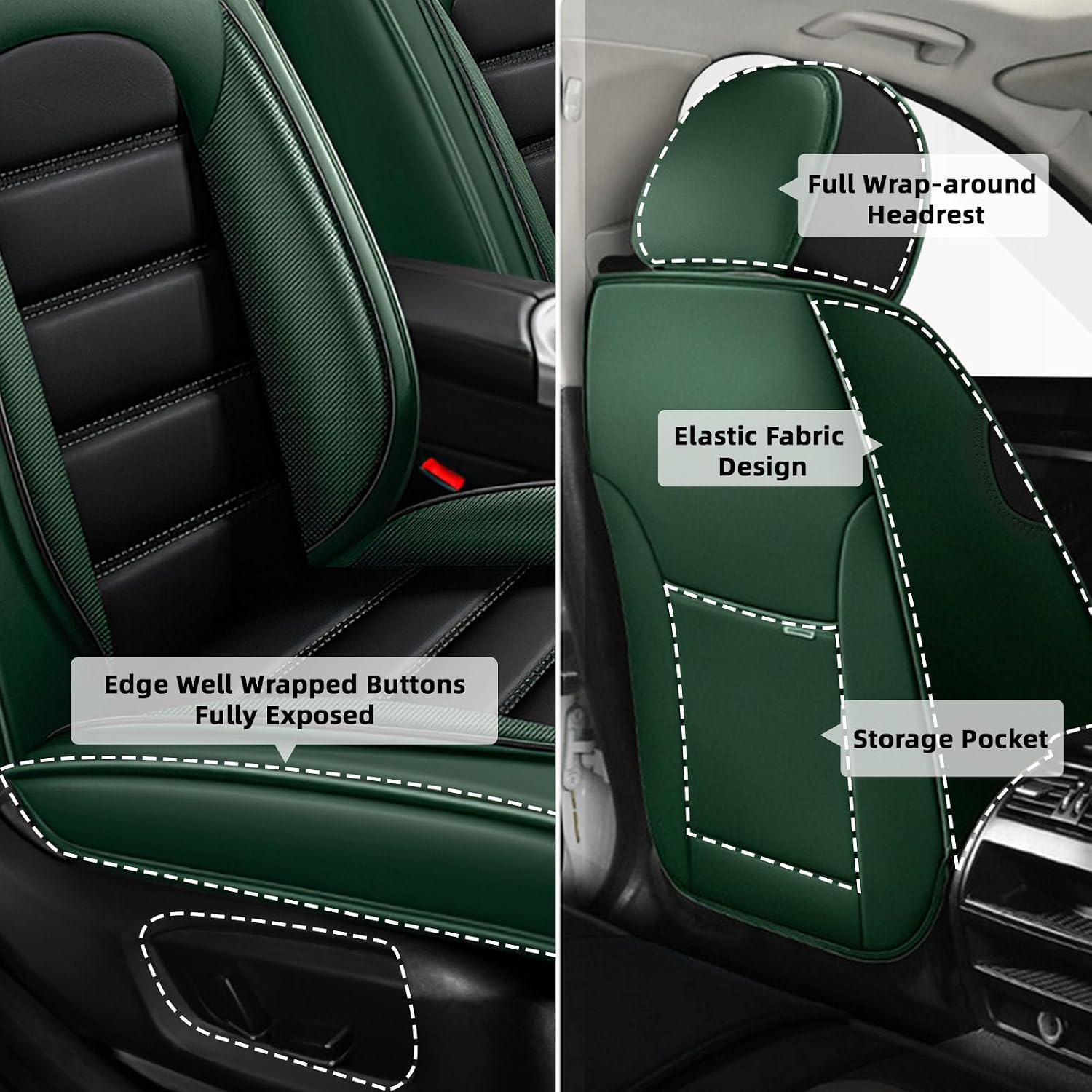 Car Seat Cover Fit for Mini Cooper 2002-2012,Compatible Airbag Non-Slip Waterproof Seat Cover,Car Seat Protector Premium Interior (Standard 5 Seats,Black Green)