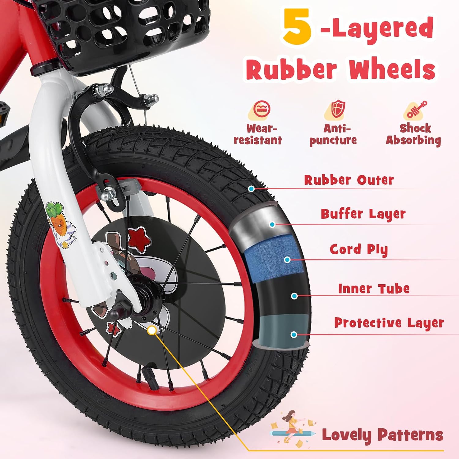 BABY JOY Rabbit Pilot Sporty Kids Bike, 12 14 16 18 Inch Child Bike for 3-8 Years Old with Adjustable Height, Training Wheels, Storage Basket, Handbrake & Coaster Brake, Kids Bicycle for Girls Boys