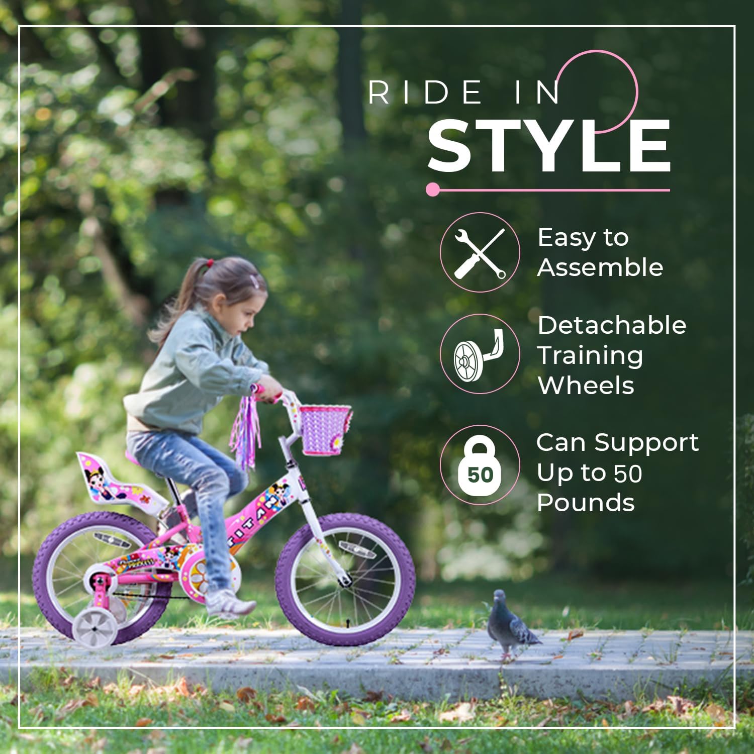 Titan Girls BMX Bike for Kids Ages 4-7, 16-Inch Wheels, 9-Inch Frame, Training Wheels, Toy Seat, Doll Basket, Streamers, First Bike, Princess Bicycle, Gift for Girls | for Kids, Training Wheels, Toy Seat, Doll Basket, Streamers, First Bike