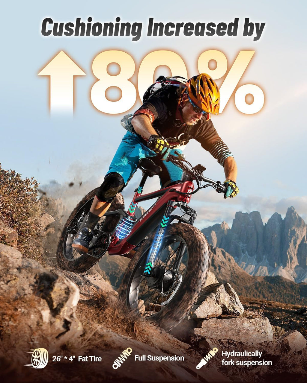 PUCKIPUPPY Dual Motor Electric Bike for Adults 1600W, 48V 20AH Battery with Torque Sensor, Full Suspension, 26' Fat Tire, 28MPH, 8 Speed Mountain Electric Bicycle, 80 Mile Range, Golden Retriever Pro