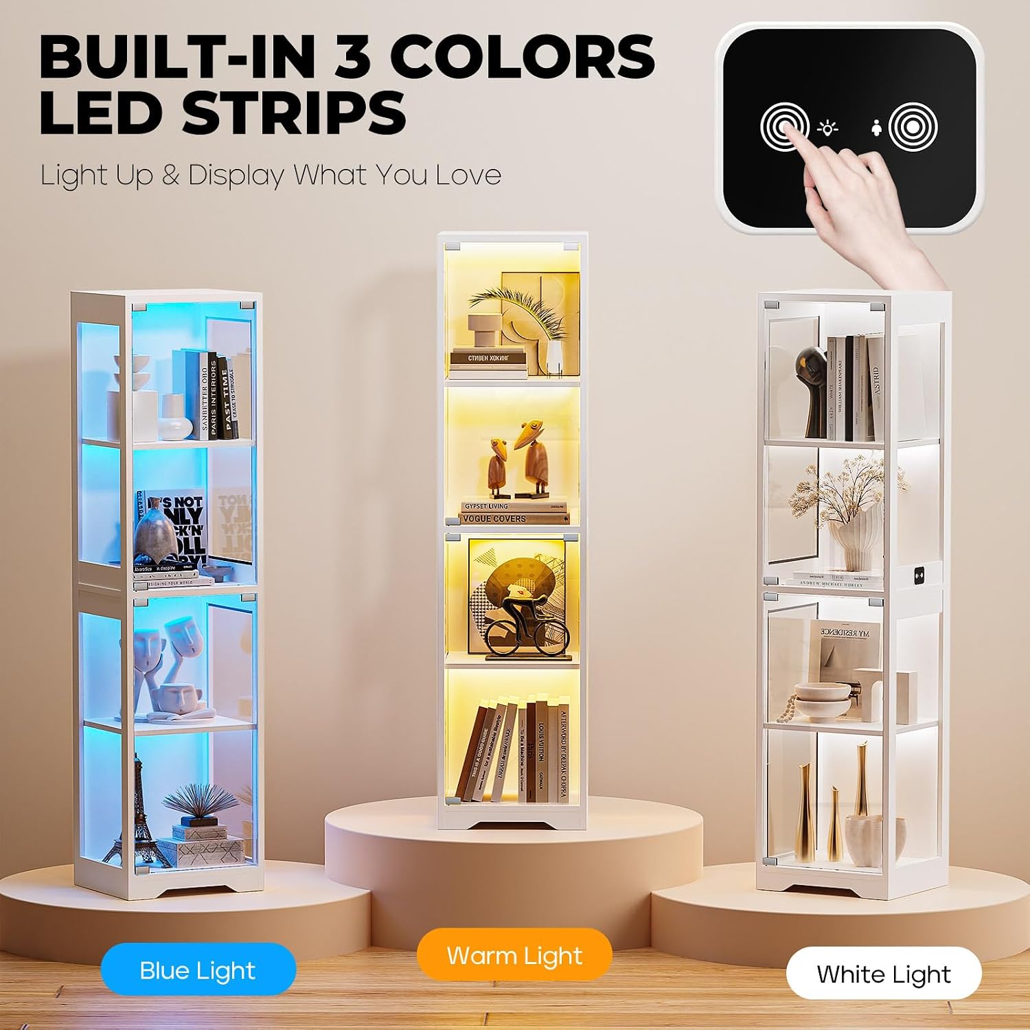 BROTTAR Glass Display Cabinet, 4-Tier Curio Cabinets with 3 Color Lights for Collectibles, Storage Cabinet with Door, Glass Display Case & Bookcase with Human Body Sensor, White