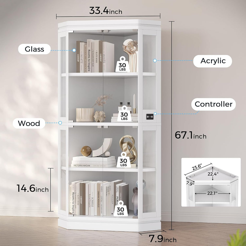 Jocoevol Corner Display Cabinet with Glass Doors, 4-Tier Display Cases for Collectibles with RGB Lights, 67'' Tall Corner Curio Cabinet with Human Body Sensor for Living/Game Room, White