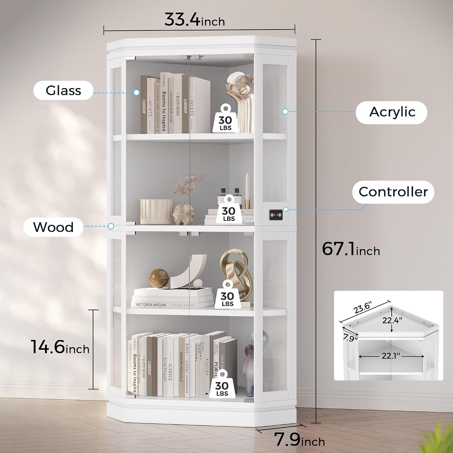 Jocoevol Corner Display Cabinet with Glass Doors, 4-Tier Display Cases for Collectibles with RGB Lights, 67'' Tall Corner Curio Cabinet with Human Body Sensor for Living/Game Room, White
