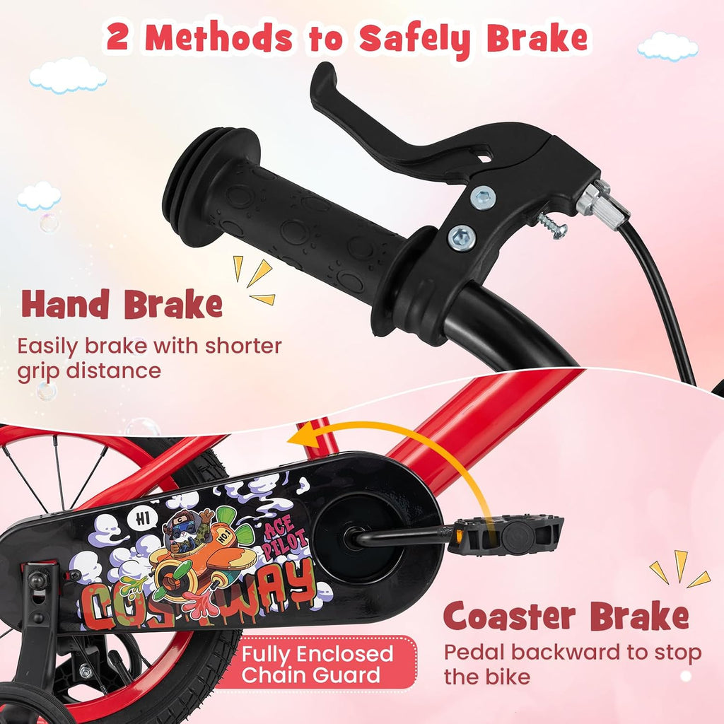 BABY JOY Rabbit Pilot Sporty Kids Bike, 12 14 16 18 Inch Child Bike for 3-8 Years Old with Adjustable Height, Training Wheels, Storage Basket, Handbrake & Coaster Brake, Kids Bicycle for Girls Boys