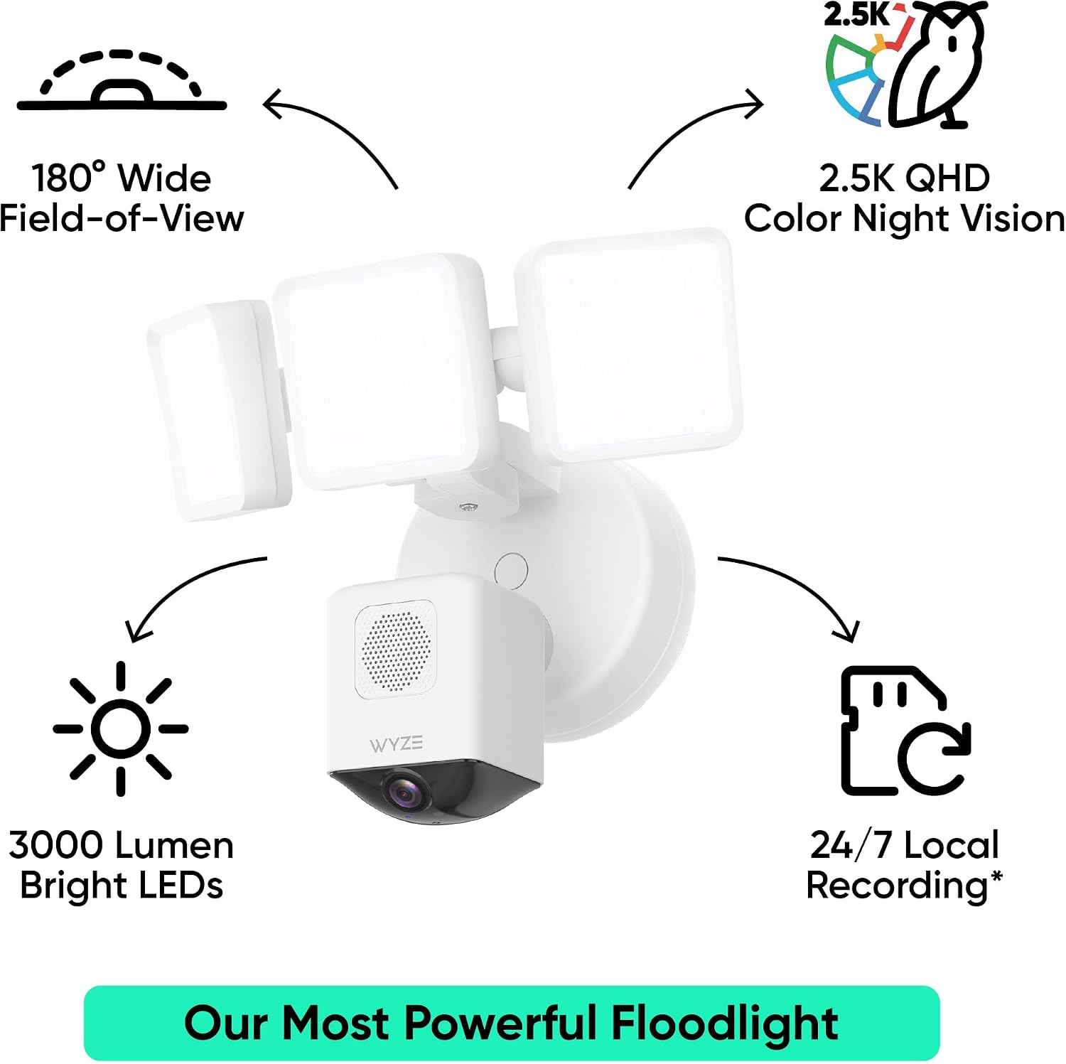 WYZE Floodlight Camera Pro, PCMag Editors' Choice 3000-Lumen LEDs, 2.5K HD Outdoor Security Camera, 180° Wide View, Motion Detection, Color Night Vision, Works with Alexa & Google-White