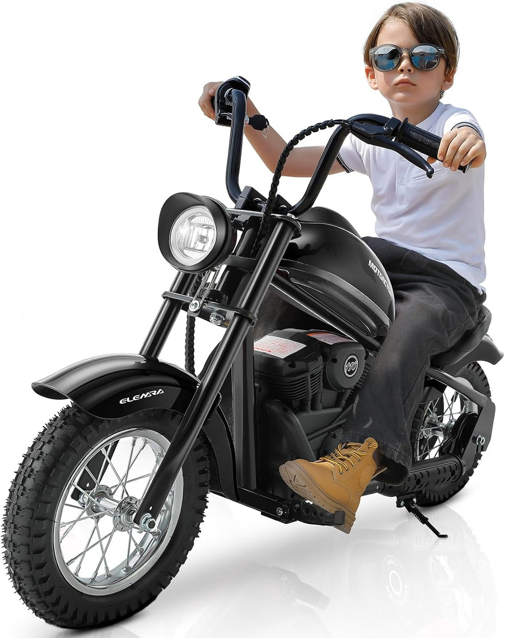 ELEMARA Electric Dirt Bike, 15 mph & 150lb Max, 24V Ride on Toy for Big Kids w/LED Lights & Power Display, Chain-Driven Motor, Twist-Grip Throttle, Shock Springs, Handbrake, 12' Air-Filled Tires-Dark