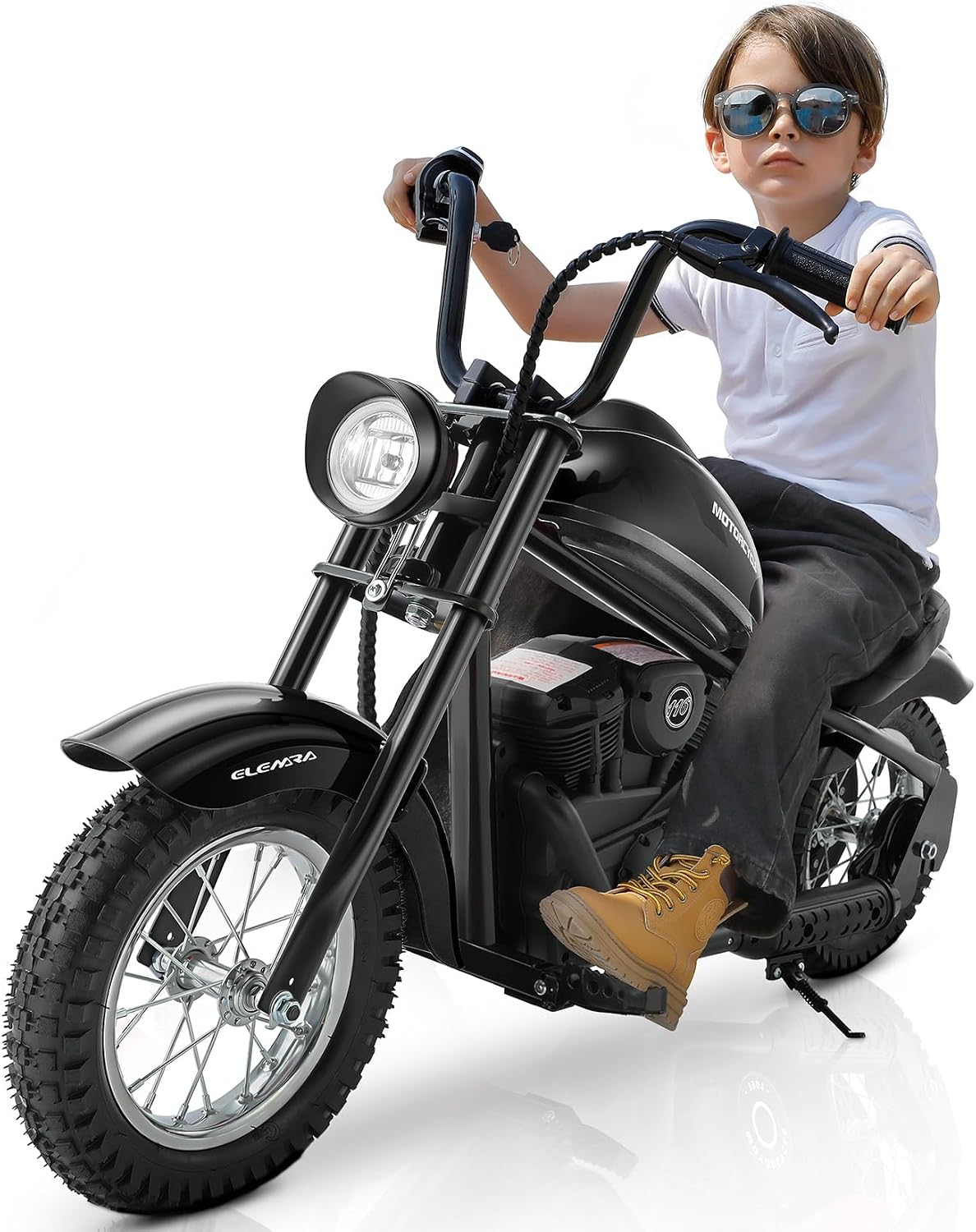 ELEMARA Electric Dirt Bike, 15 mph & 150lb Max, 24V Ride on Toy for Big Kids w/LED Lights & Power Display, Chain-Driven Motor, Twist-Grip Throttle, Shock Springs, Handbrake, 12' Air-Filled Tires-Dark