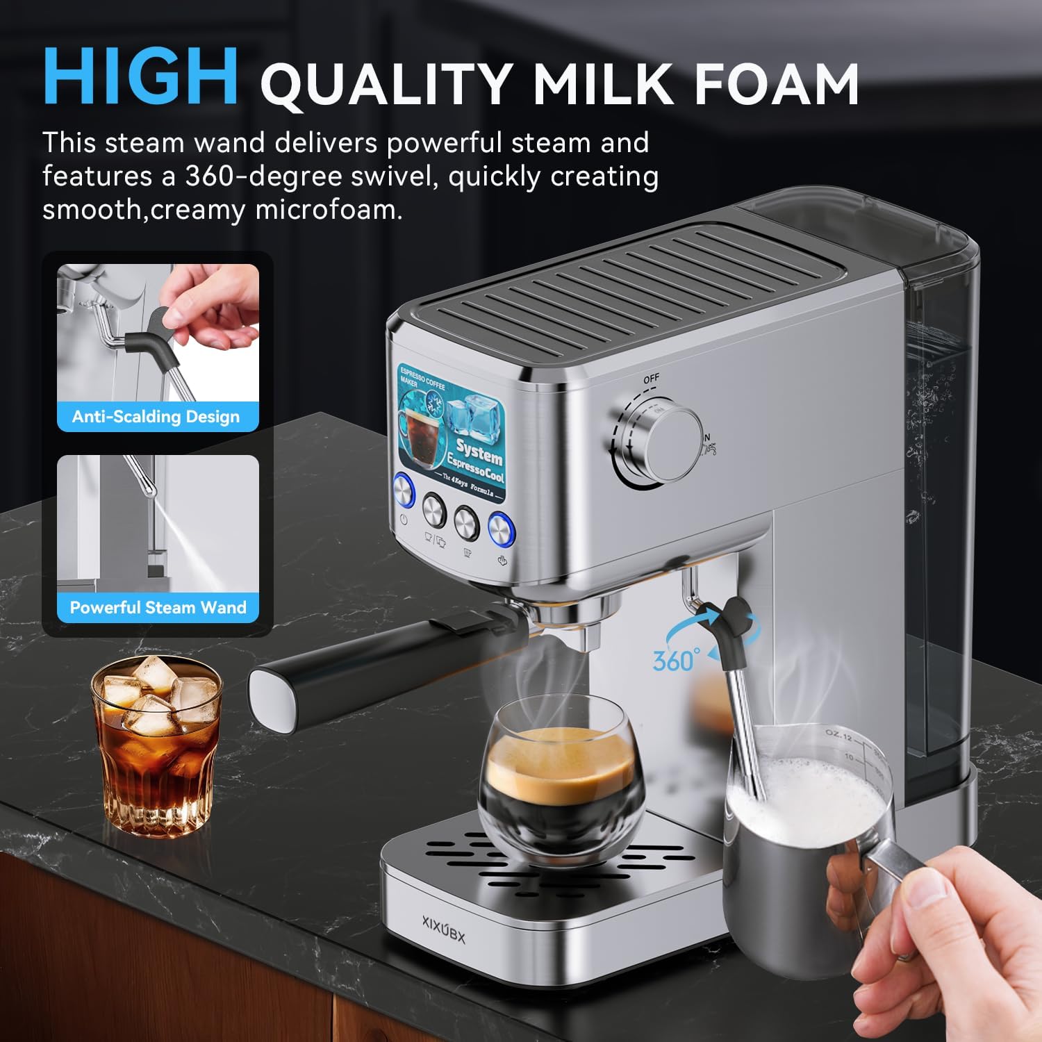 XIXUBX Espresso Machine 20 Bar with Milk Frother, Stainless Steel Coffee Maker with 42 oz Removable Water Tank for Cappuccino, Latte&Cold Brew, Home&Office, Silver