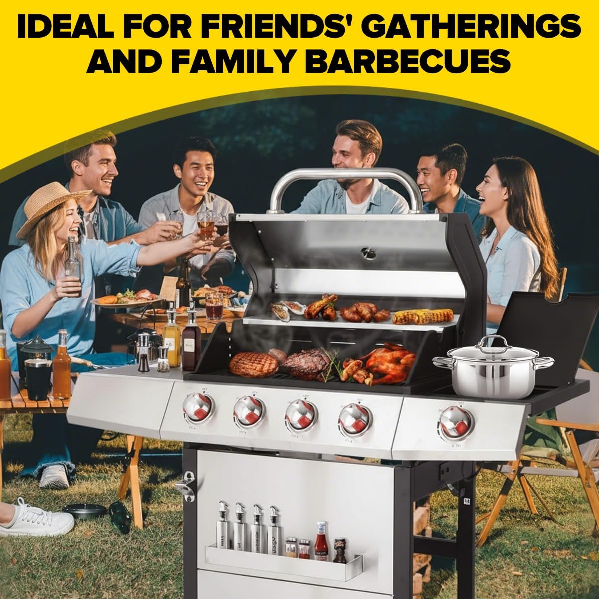 CIG GARDEN 4-Burner Gas & Charcoal Combo Grill with Side Burner - 3-in-1 Propane BBQ Grill, Griddle and Smoker | 52,000 BTU Stainless Steel Outdoor Grill for Backyard, Patio, Camping