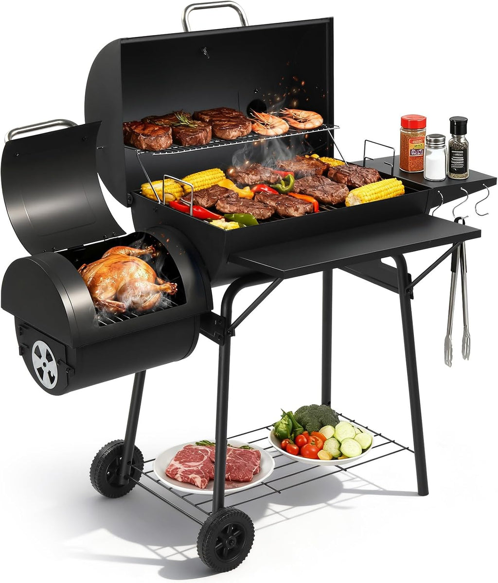 Outvita Charcoal Grill with Offset Smoker, Barrel Barbecue Smoker Grill with Spacious Cooking Area for BBQ, Backyard Patio Picnic Parties Camping, Black