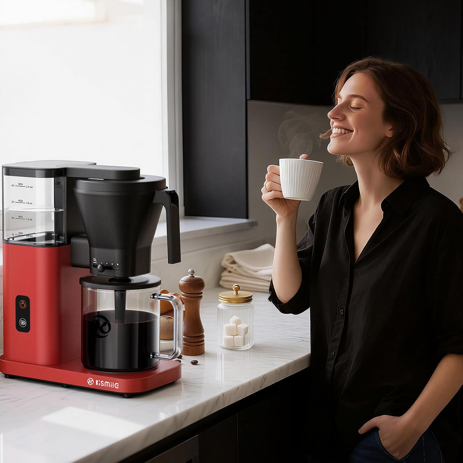 Kismile Drip Coffee Machine,SCA Certified Coffee Maker,Pour Over Coffee Brew with 3s Instant Heat 197-205℉, Adjustable Flow Control, Deep Cold Brew & Keep Warm 40 Min, Easy to Clean (Red)
