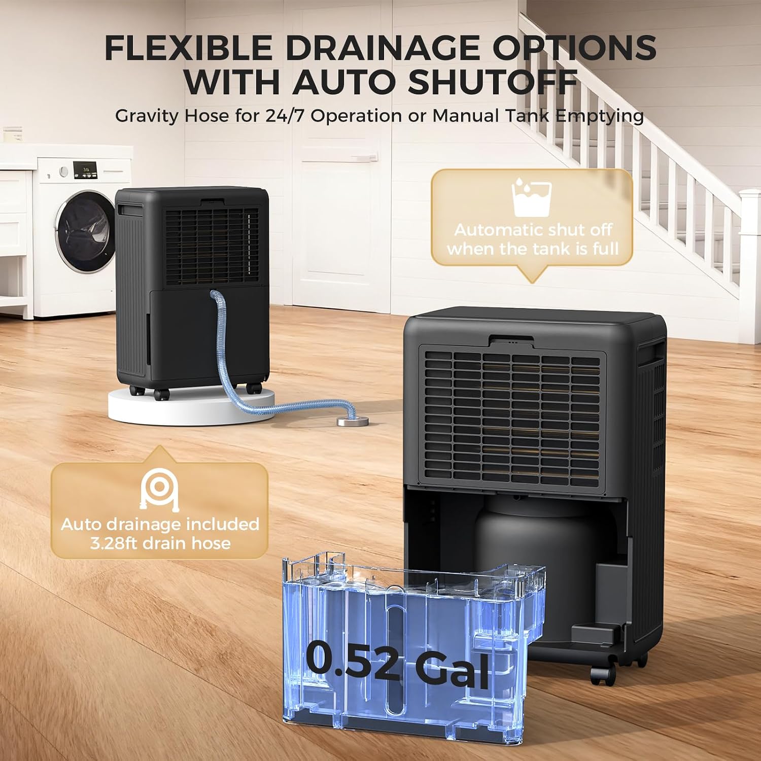 2000 Sq.Ft Dehumidifier for Basement, 30 Pints Dehumidifiers for Home with Drain Hose, 0.52 Gal Water Tank, Intelligent Humidity Control Auto Shut Off for Bathroom, Laundry, RV, Office