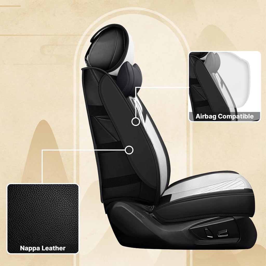 Fit for RAM 1500/2500/3500 2010-2026 Seat Covers, Fashion Sport Seat Cover with Waterproof Leather, Airbag Safe Design Seat Protector (5 Front Seat Luxury, Black White)