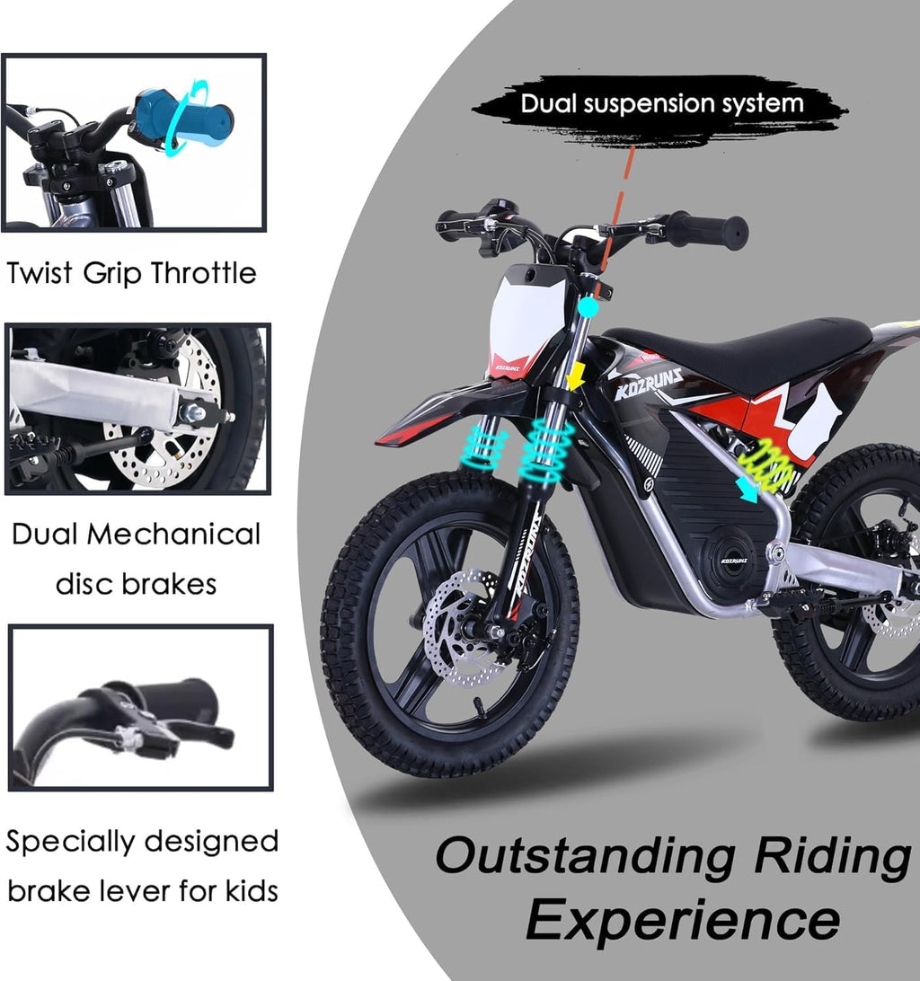 OLALA 36V Electric Dirt Bike for Kids 4-8, 350W Brushless Motor with 3-Speed Control, 18.6 MPH Max Speed, 14' Off-Road Tires Motorcycle, for Boys & Girls, Black