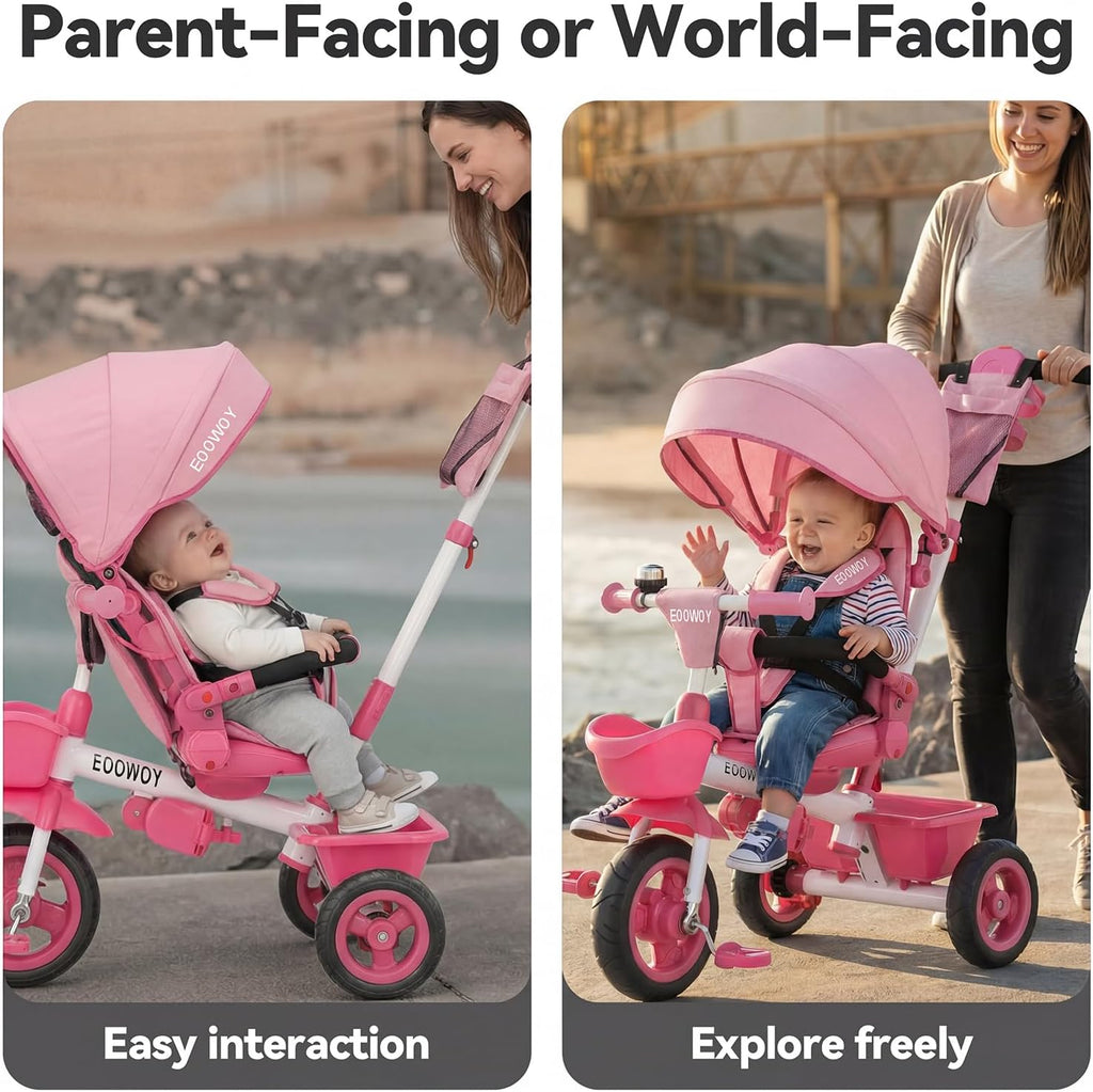 EOOWOY Toddler Tricycle with Push Handle, 7 in 1 Stroller Trike with 360° Swivel Seat, Reclining Backrest, All-Terrain Wheels, Dual Brakes, Canopy & Storage, Gift for Kids 18 Months to 5 Years, Pink