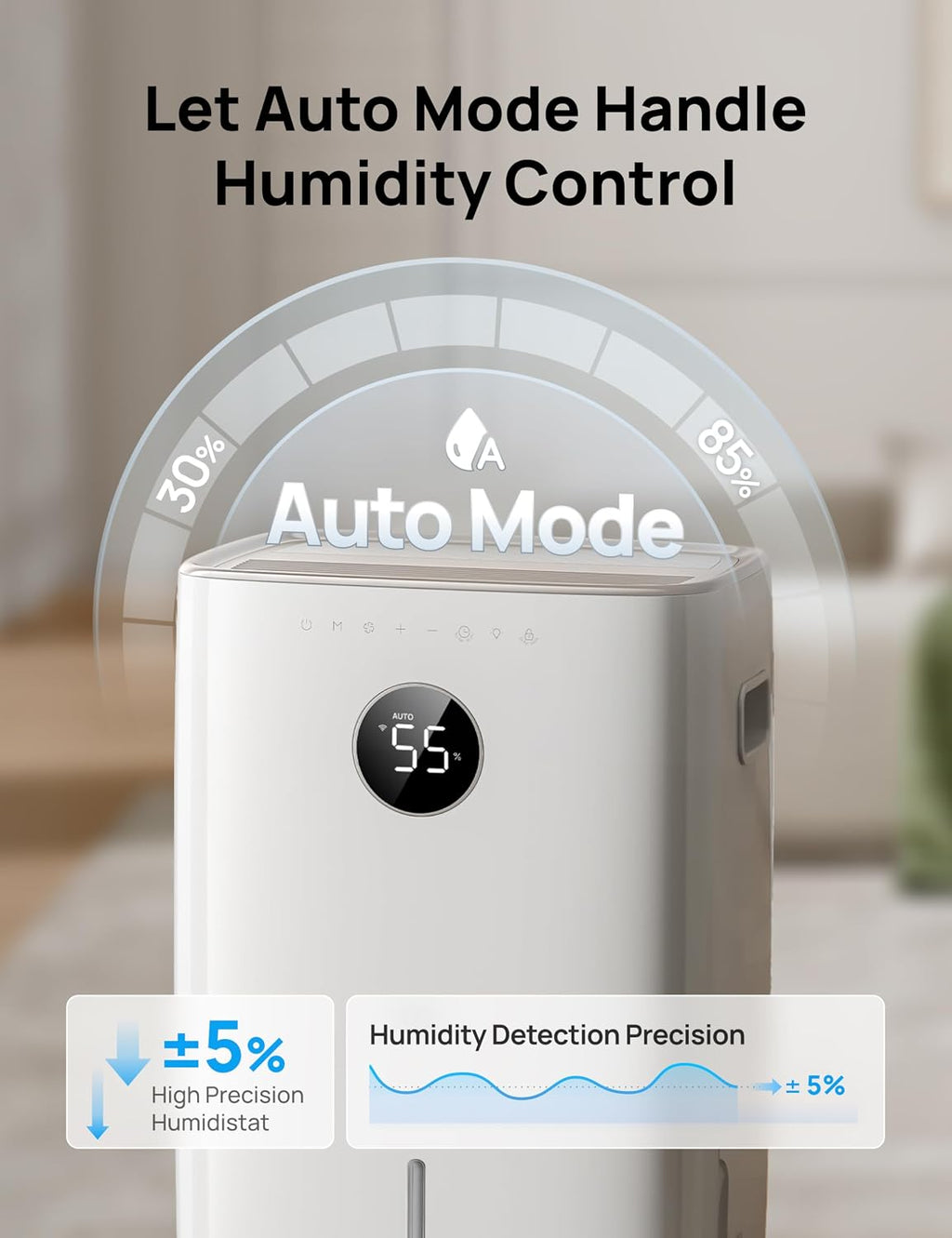 DREO 110-Pint Smart Dehumidifier for Basement, 4500 Ft² for Large Room, 2 Gallon Water Tank, Auto/Comfort/Constant Mode Dehumidifiers for Home, Bedroom, Bathroom, with Drain Hose, Starlight, 711S