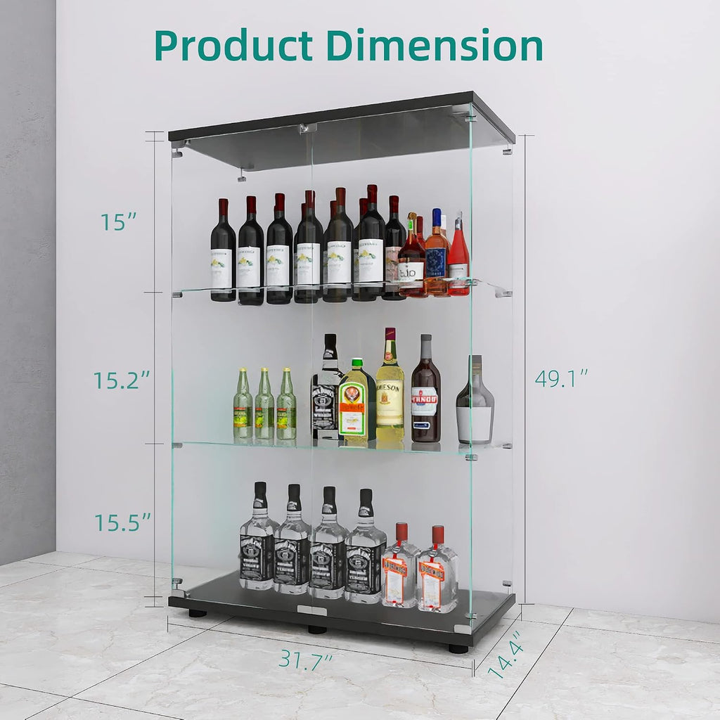 LFT HUIMEI2Y Glass Display Cabinet 3-Shelf with Double Door, Curio Cabinets Fast Installation in 30 Mins, 5mm Tempered Glass Floor Standing Bookshelf for Bedroom, Living Room 49.1'x 31.7'x 14.4' Black
