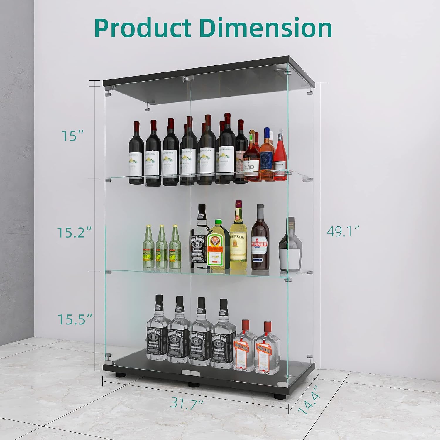 LFT HUIMEI2Y Glass Display Cabinet 3-Shelf with Double Door, Curio Cabinets Fast Installation in 30 Mins, 5mm Tempered Glass Floor Standing Bookshelf for Bedroom, Living Room 49.1'x 31.7'x 14.4' Black