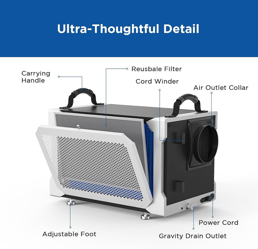 155 Pint Commercial Dehumidifier with Drain Hose for Crawl Spaces, Basements, Industry Water Damage Unit, Large Capacity, Compact, Portable, Auto Defrost, Memory Starting