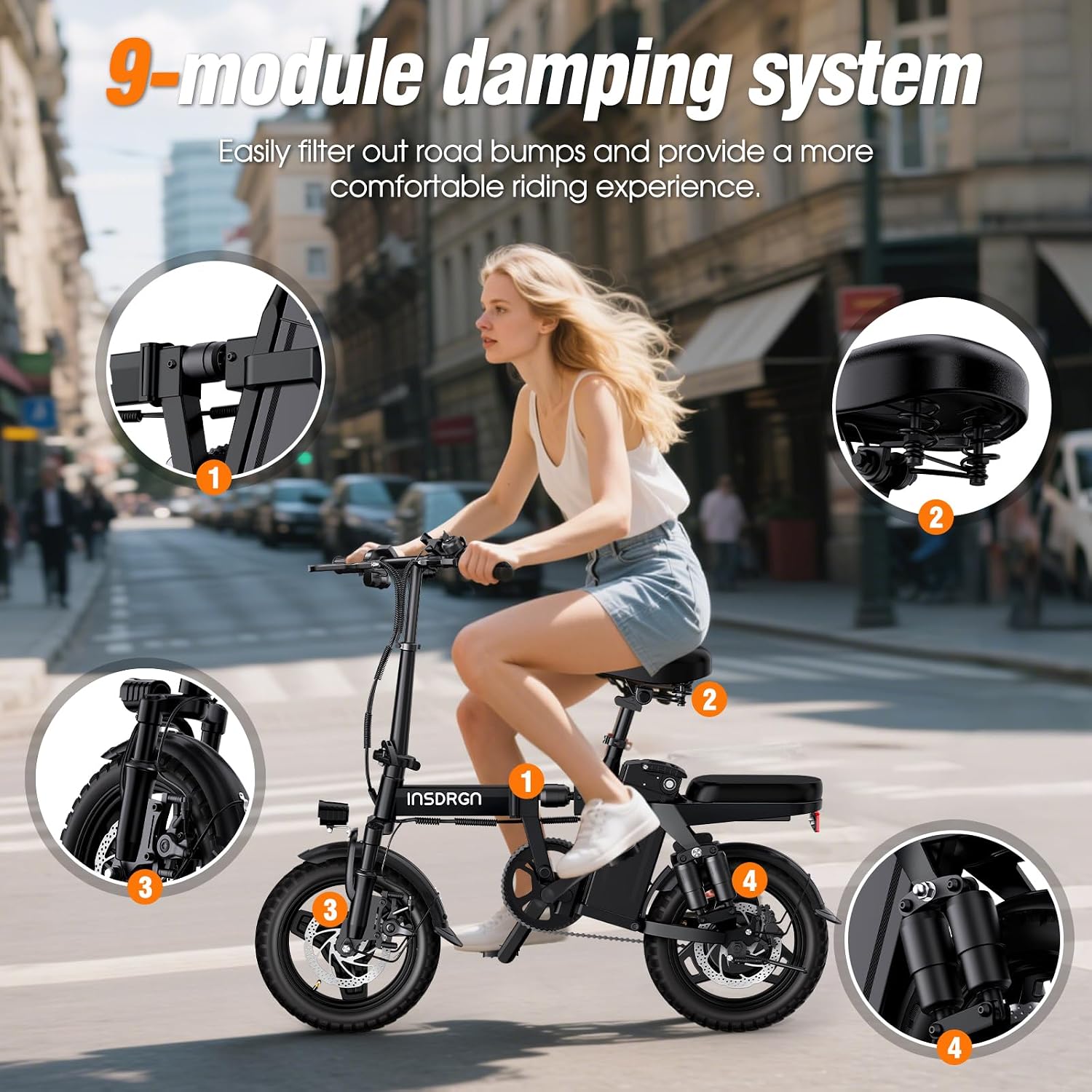 INSDRGN Electric Bike for Adults and Teens, 14' Folding E Bikes, 650W Peak Motor, 48V 499Wh/768Wh Removable Battery, 28-50 Miles PAS Range, 20MPH Electric Mountain Bike, 9 Shock Absorbers, UL 2849