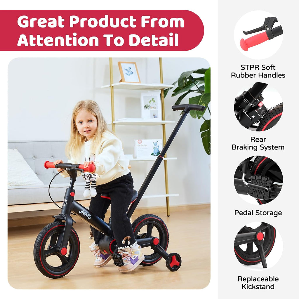 JMMD 6 in 1 Toddler Bike with Push Handle for Kids 18-60 Months, 12' Foldable Balance Bike with Training Wheels, Pedals, Brakes, Kickstand, Push Tricycle Toddler Gift & Toys for Boy & Girl