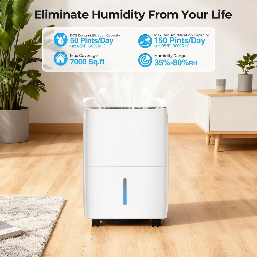 Electactic Max 150 Pint Dehumidifiers for Small/Medium Rooms, Bedrooms & Bathrooms & Basement, Custom Humidity Control, 43dB Quiet, 3 Modes, Home Dehumidifier with Drain Hose & 2.11 Gal Water Tank