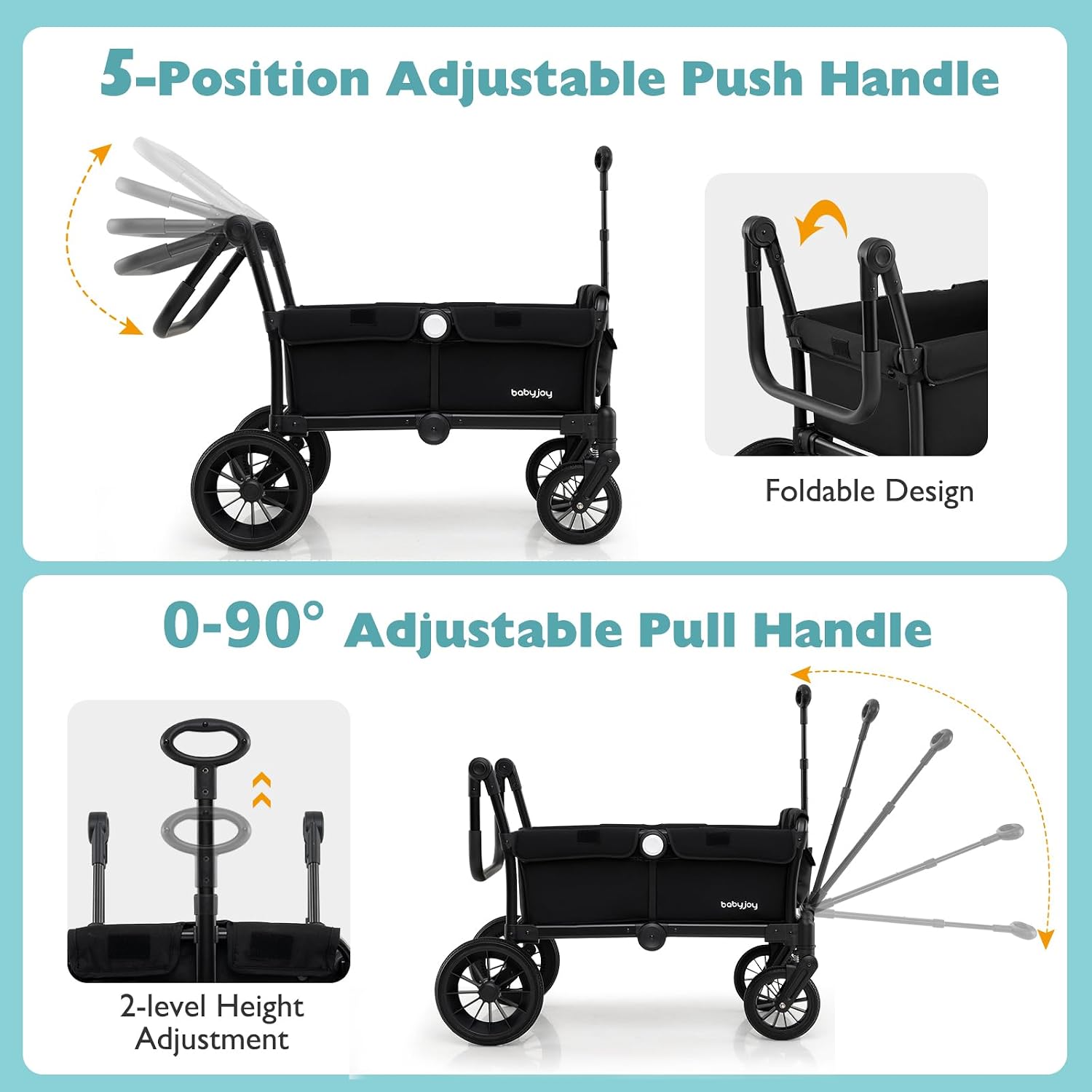 BABY JOY Wagon Stroller for 2 Kids, Collapsible Push Pull Double Stroller Wagon with Adjustable Handle Bar, Removable Canopy, Safety Harness, Cup Holder, Snack Tray & Storage Bag (Black)