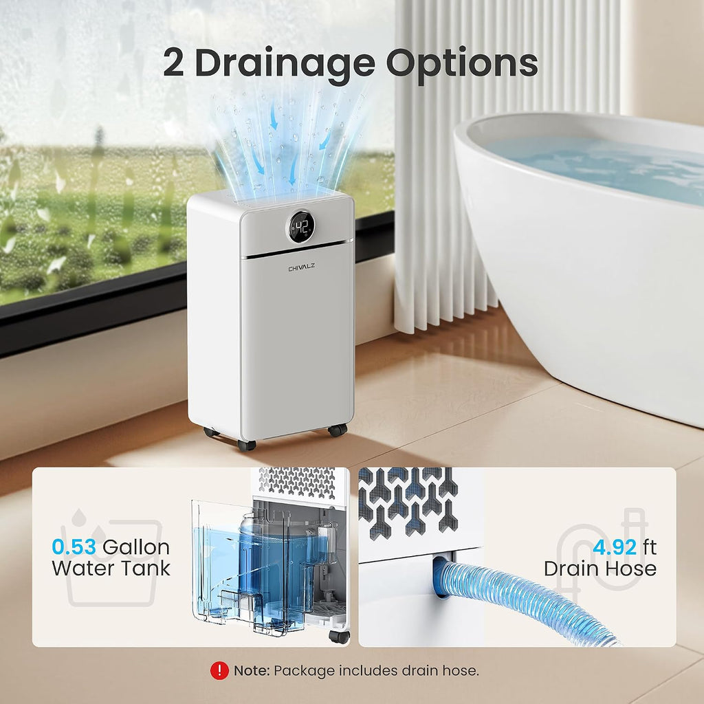 CHIVALZ 1800 Sq.Ft Dehumidifier for Basement, Quiet Dehumidifier for Home, Bedroom, Bathroom, Humidity Display, with Drain Hose, Auto Shut Off, 3 Modes, Timer, Auto Defrost, Child Lock, White 1Pack