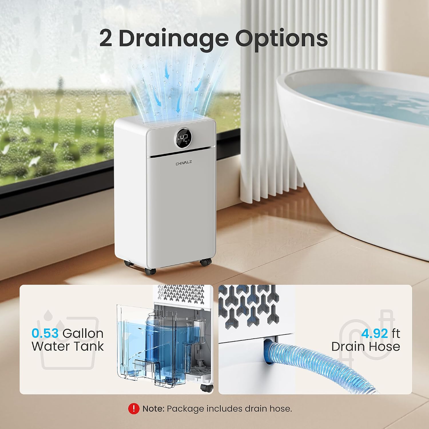 CHIVALZ 1800 Sq.Ft Dehumidifier for Basement, Quiet Dehumidifier for Home, Bedroom, Bathroom, Humidity Display, with Drain Hose, Auto Shut Off, 3 Modes, Timer, Auto Defrost, Child Lock, White 1Pack