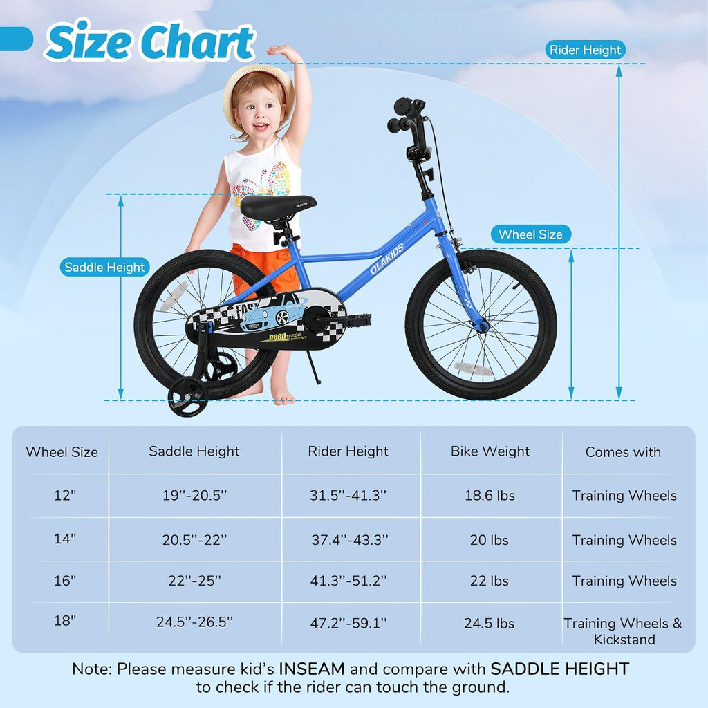 Olakids Kids Bike, 12 14 16 18 Inch Racing Car Themed Toddlers Bike with Training Wheels Adjustable Seat and Handlebar Coaster Brake and Handbrake, Children Bicycle for Boys Girls