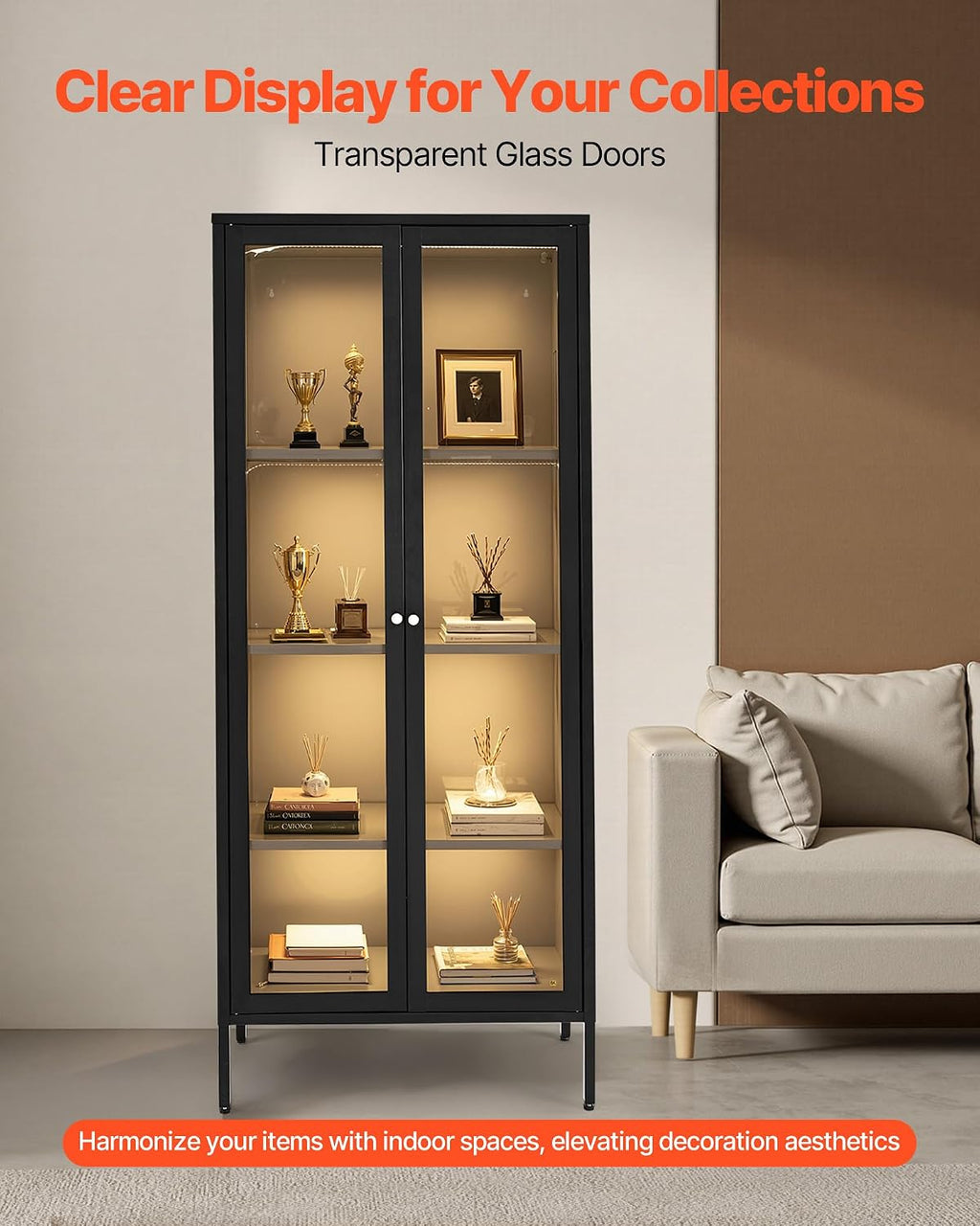 VEVOR Display Cabinet with Glass Door, 66 in Tall 4-Tier Lighted Display Case with 3 Color Lights, Metal Storage Cabinet with 3 Adjustable Shelves, Curio Cabinet for Collectibles Figures Trophy
