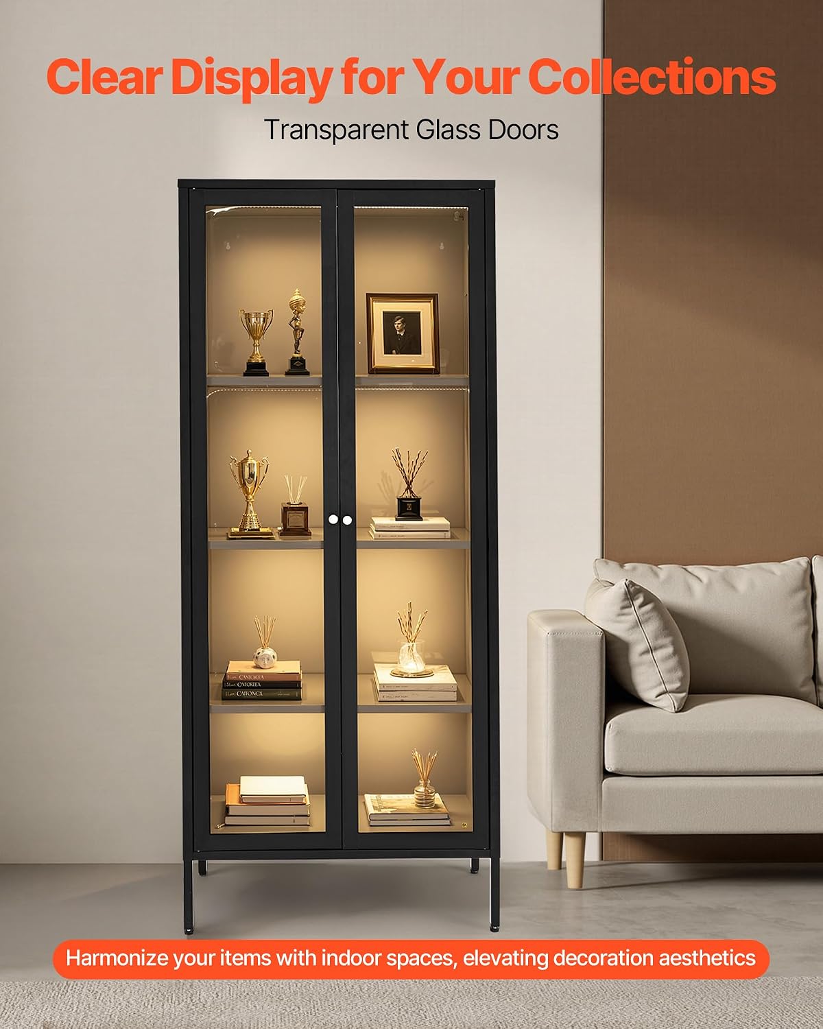 VEVOR Display Cabinet with Glass Door, 66 in Tall 4-Tier Lighted Display Case with 3 Color Lights, Metal Storage Cabinet with 3 Adjustable Shelves, Curio Cabinet for Collectibles Figures Trophy