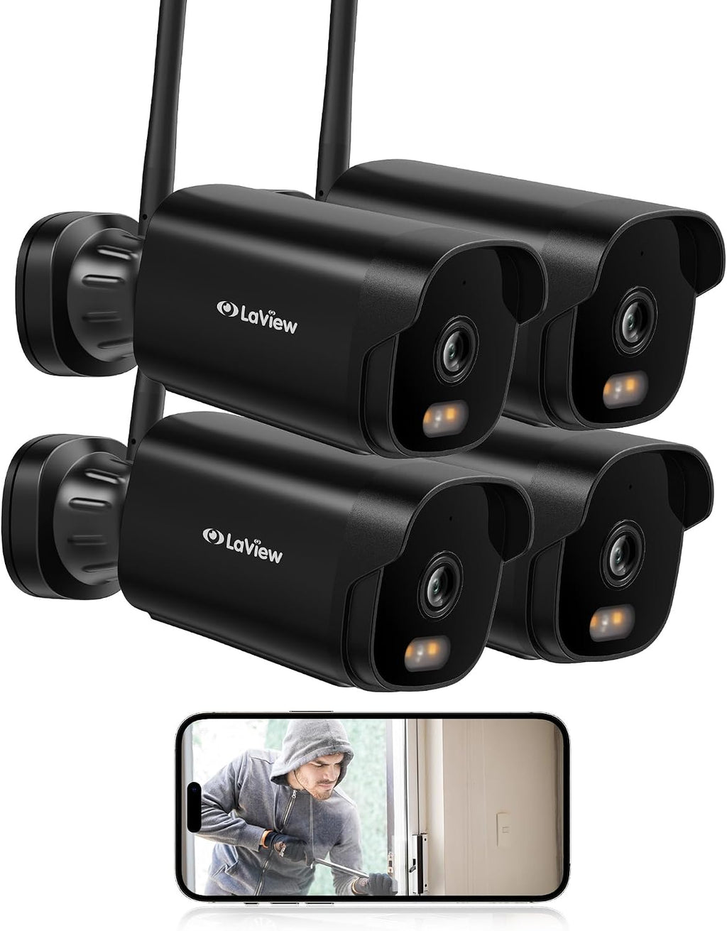 LaView 4K Outdoor Security Cameras,8MP HD Cameras for Home Security with AI Human Detection,IP65 Waterproof,2-Way Talk,Clear Night Vision,2.4G WiFi,SD Card Slot&US Cloud Storage,Work with Alexa(4pcs)