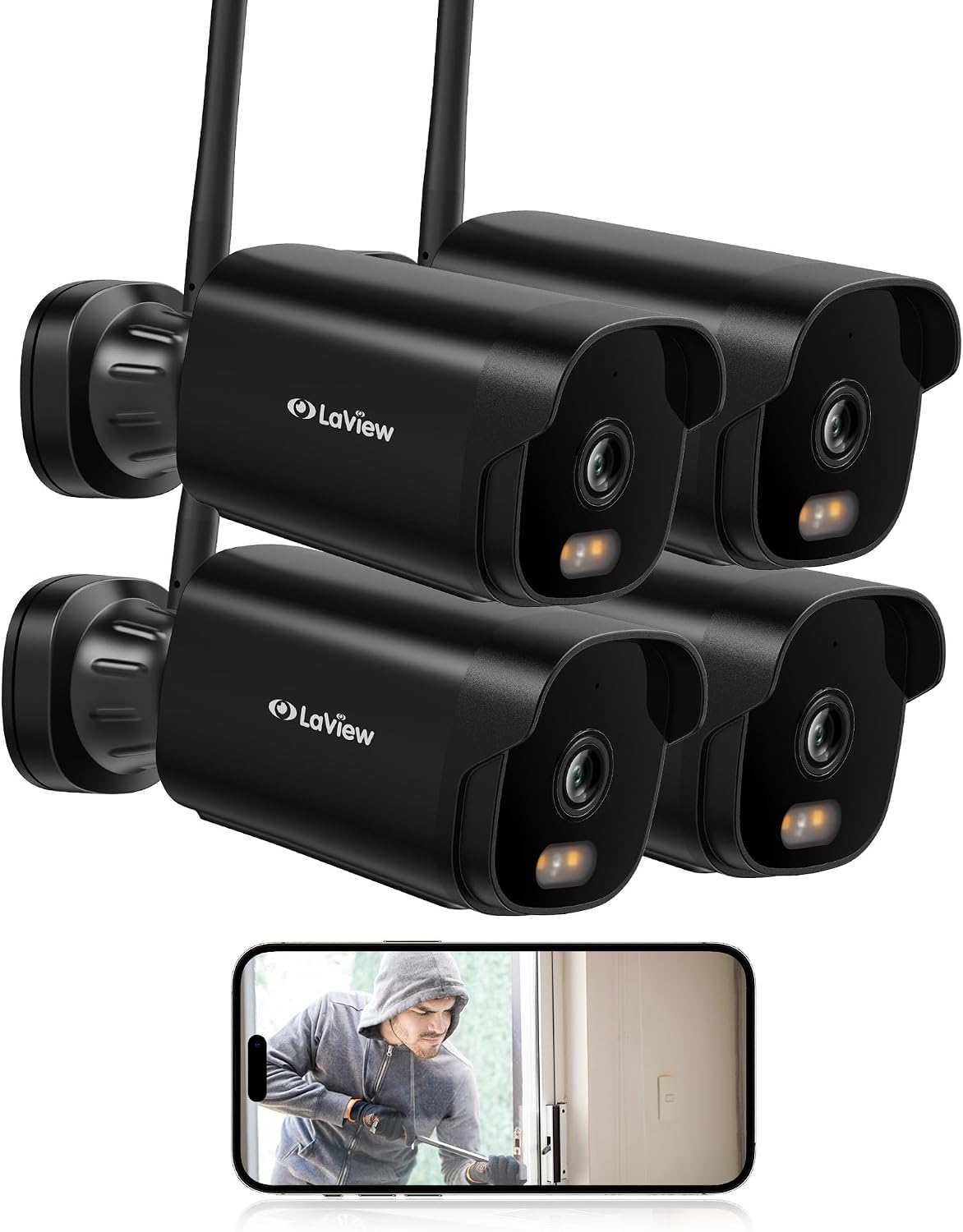 LaView 4K Outdoor Security Cameras,8MP HD Cameras for Home Security with AI Human Detection,IP65 Waterproof,2-Way Talk,Clear Night Vision,2.4G WiFi,SD Card Slot&US Cloud Storage,Work with Alexa(4pcs)