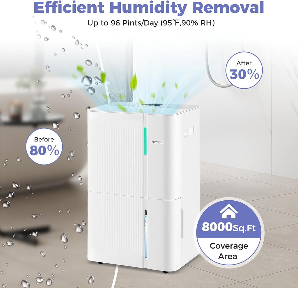 COSTWAY 96 Pints Energy Star Dehumidifier for Basement, 8000 Sq.Ft Dehumidifier with 24H Timer, 3-Color Indicator, 1.2 Gallon Water Tank, Drain Hose & Wheels for Bathroom, Bedroom