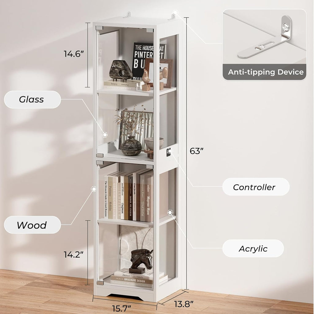 BROTTAR Glass Display Cabinet, 4-Tier Curio Cabinets with 3 Color Lights for Collectibles, Storage Cabinet with Door, Glass Display Case & Bookcase with Human Body Sensor, White