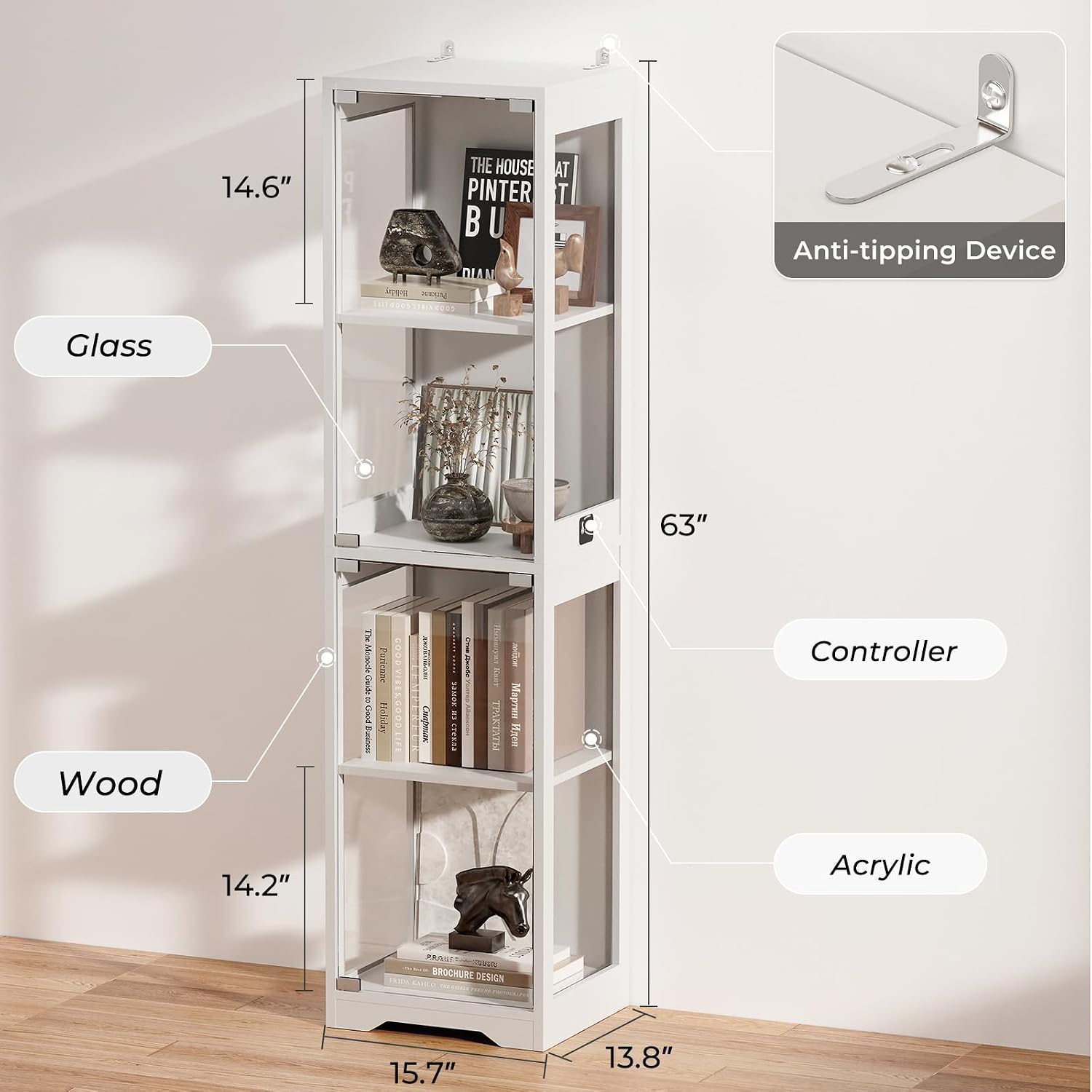 BROTTAR Glass Display Cabinet, 4-Tier Curio Cabinets with 3 Color Lights for Collectibles, Storage Cabinet with Door, Glass Display Case & Bookcase with Human Body Sensor, White