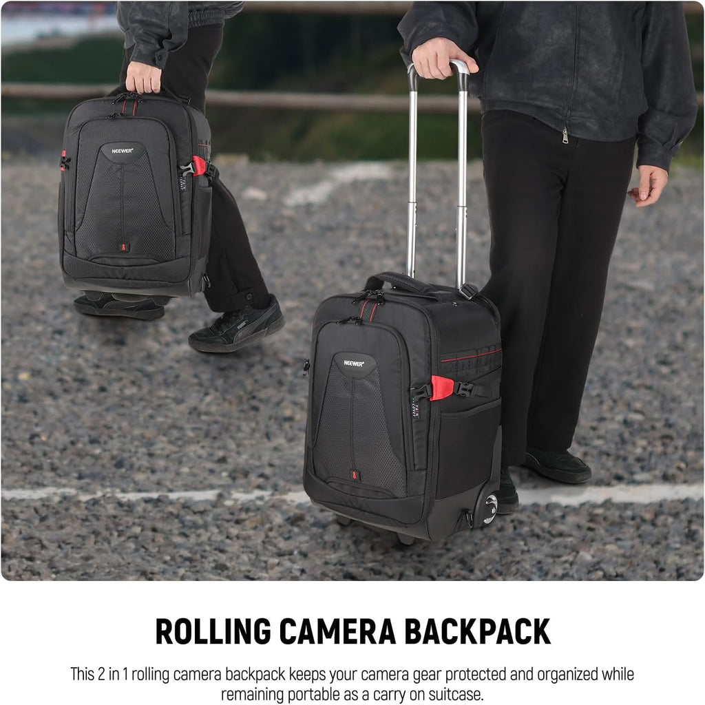 Neewer 2-in-1 Rolling Camera Backpack Trolley Case - Anti-Shock Detachable Padded Compartment, Hidden Pull Bar, Durable, Waterproof for Camera,Tripod,Flash Light,Lens,Laptop for Air Travelling(Black)