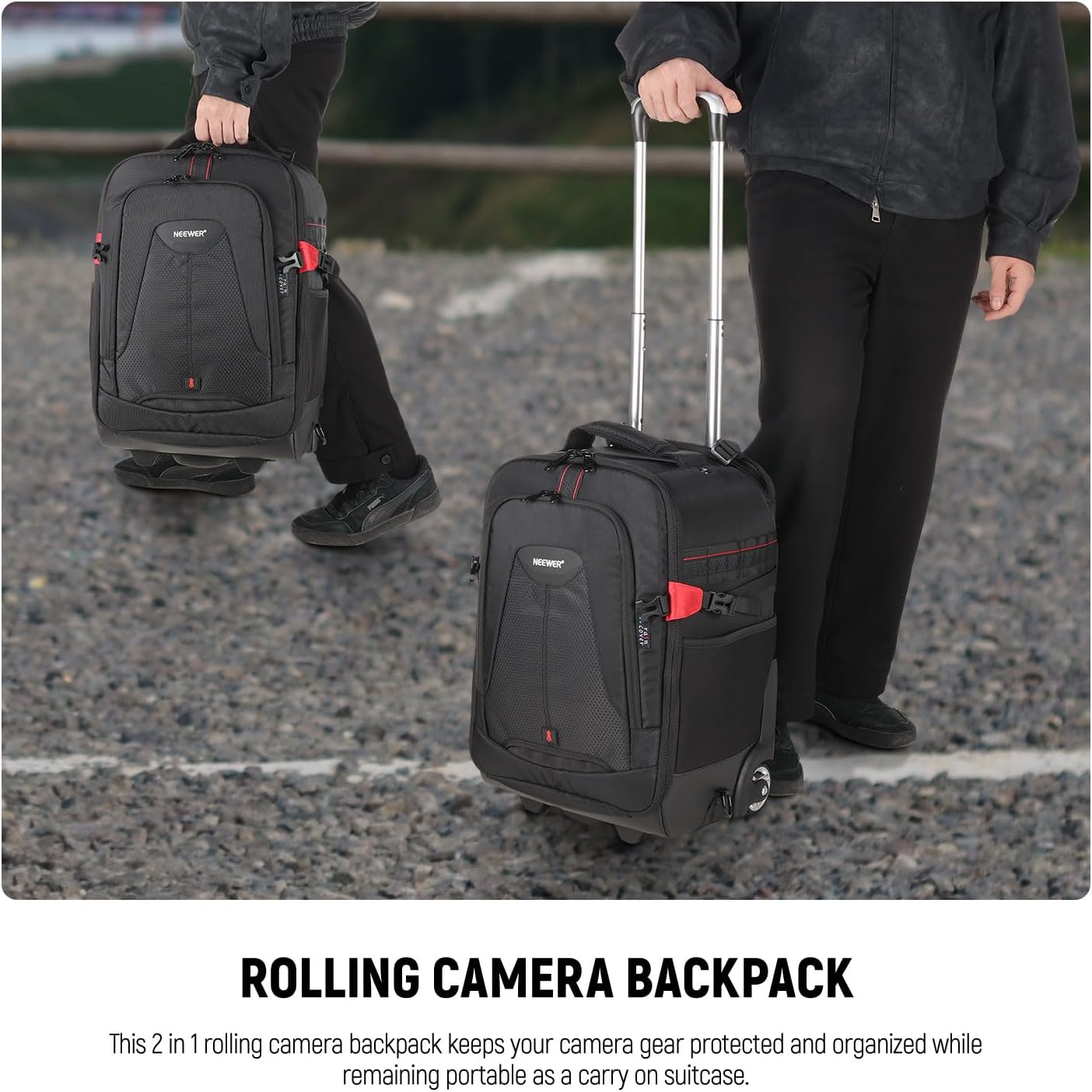 Neewer 2-in-1 Rolling Camera Backpack Trolley Case - Anti-Shock Detachable Padded Compartment, Hidden Pull Bar, Durable, Waterproof for Camera,Tripod,Flash Light,Lens,Laptop for Air Travelling(Black)