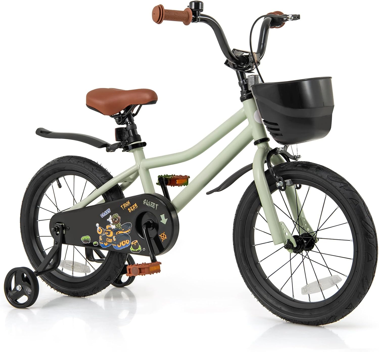BABY JOY Kids Bike, 12' 14' 16' 18' Tank Bear DIY Children's Bicycle with Training Wheels, Storage Basket, Adjustable Handlebar & Seat, Handbrake & Coaster Brake, Girls Boys Bike