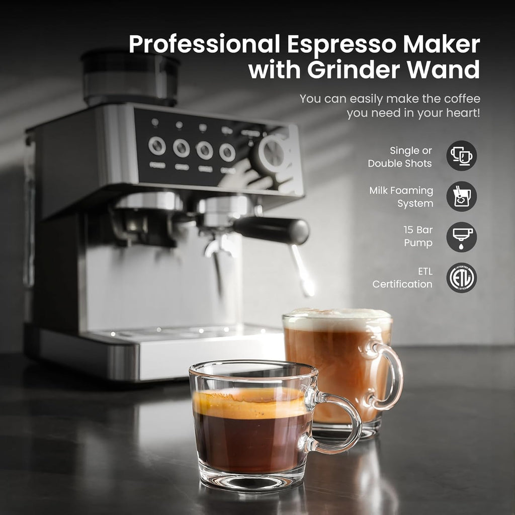 Kismile 15 Bar Espresso Machines with Grinder, Professional Espresso Maker with Removable Water Tank, Milk Frother Steam Wand for Latte&Cappuccino,Hot Water Function for Home