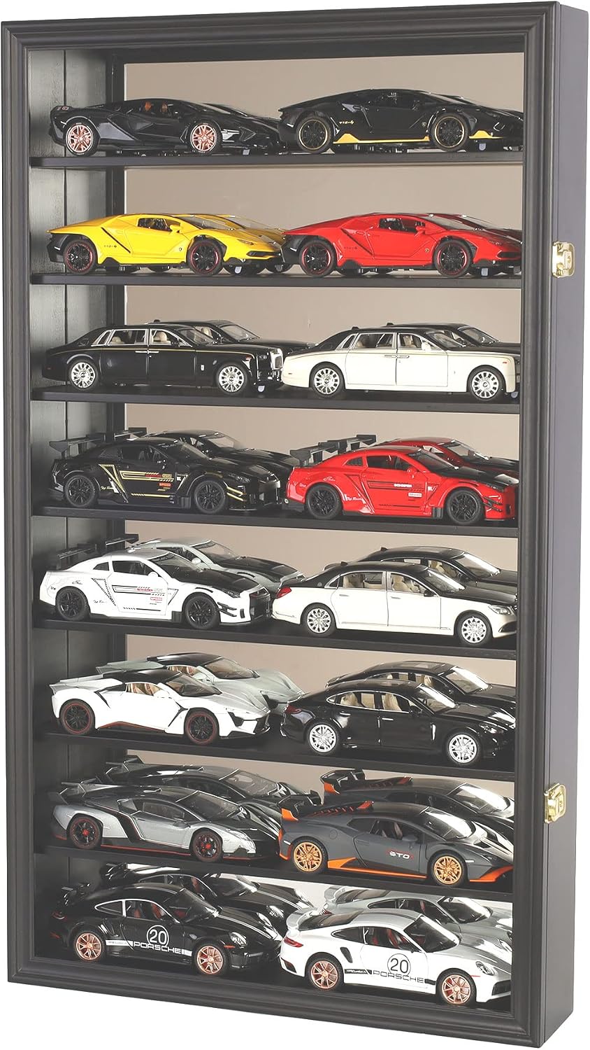 Display Case for 1:24 - 1:18 Scale Diecast Toy Model Cars Hot Small Toy Car Wheels Storage Showcase, 98% UV Protection, 4mm Thick Acrylic (Black-1:24 Scale-Holds 16)