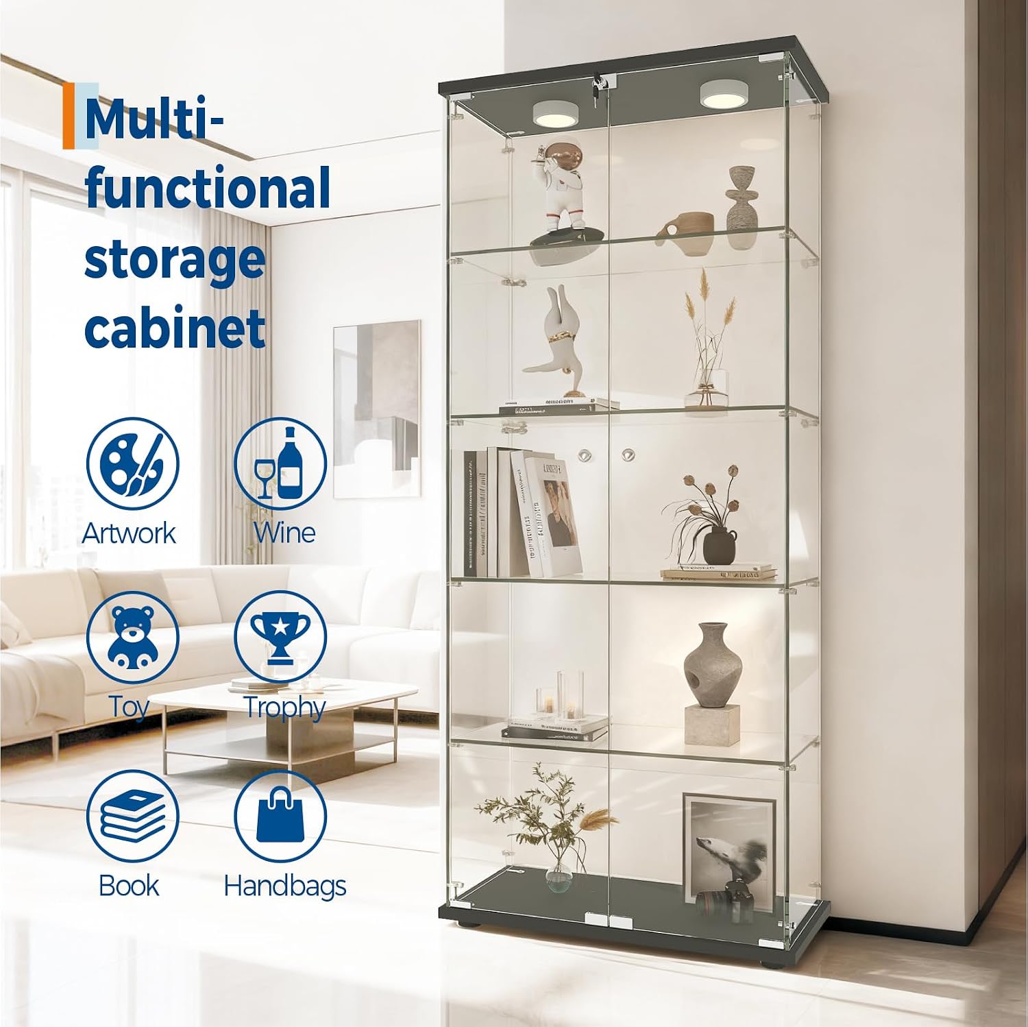 Garvee Glass Display Cabinet with LED Light, Tempered Glass Curio Collection Display Showcase with 5 Shelves and Lock, 2 Door Curio Cabinets for Living Room Bedroom Office, Black