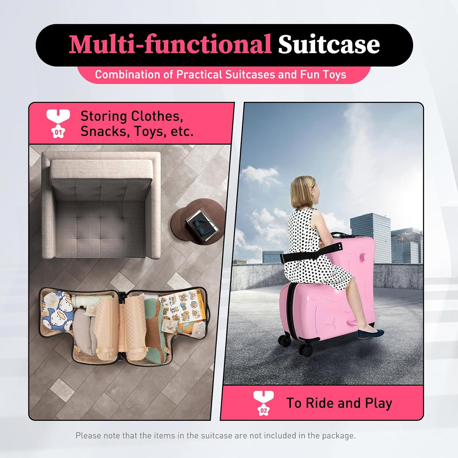 20' Ride on Suitcase for Kids, Carry on Trolley Suitcase with Double-row Universal Wheels Travel Riding Luggage with Password Lock/Safety Belt/Telescoping Handle, Pink