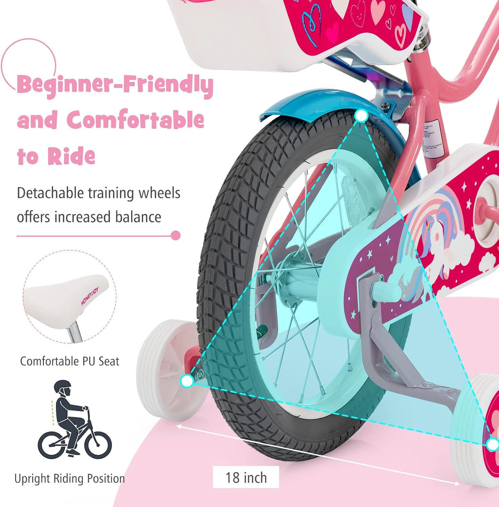 BABY JOY Kids Bike, 12 14 16 18 20 Inch Girls Bike w/Detachable Training Wheels or Kickstand, Storage Basket, Adjustable Seat & Handlebar, Bow or Streamer, Children Bicycle for 3-8 Years Old