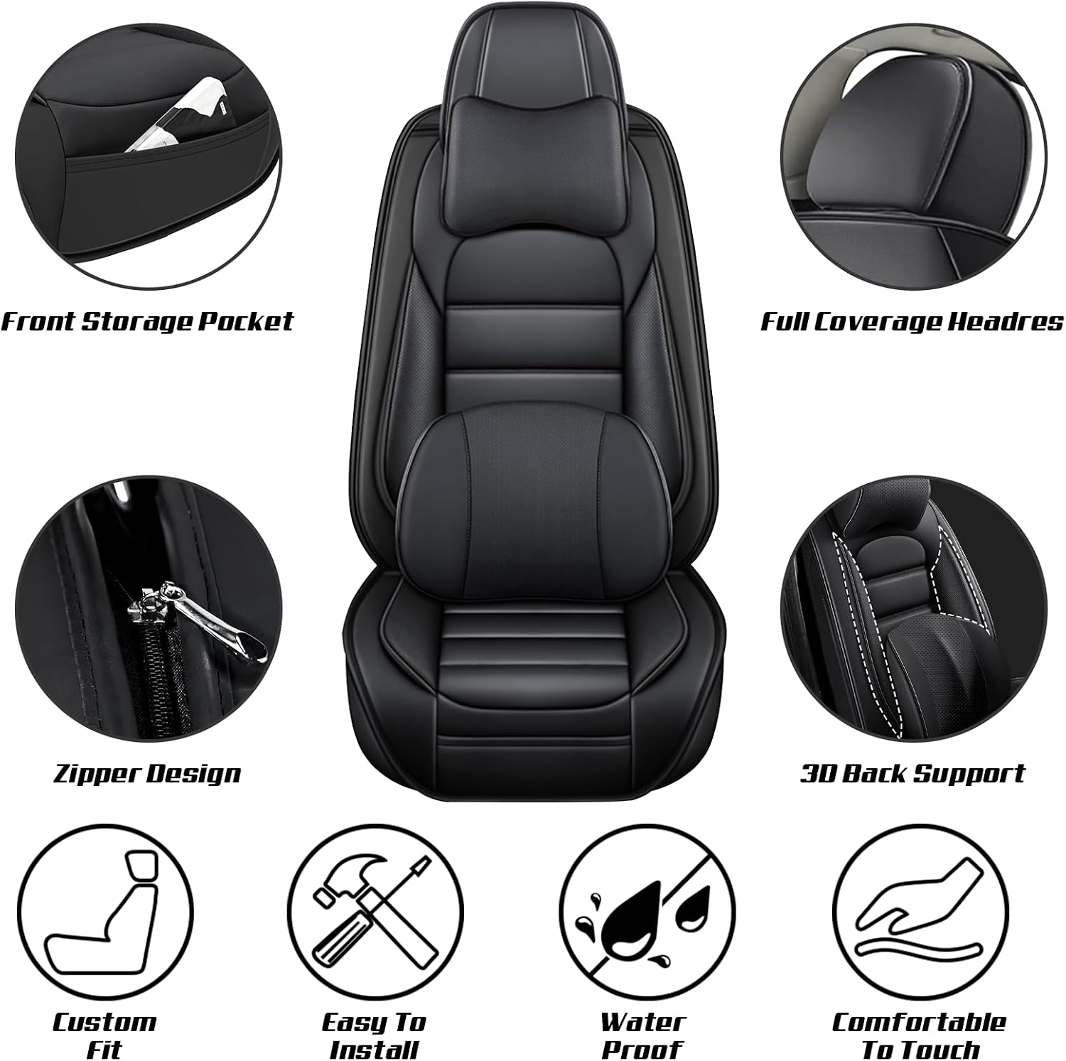 Car Seat Covers for Chevrolet Chevy Avalanche 2007-2013, Leather Auto Seat Cover Luxury Cushions Waterproof Seat Protectors (Black,Full Set with Pillow)
