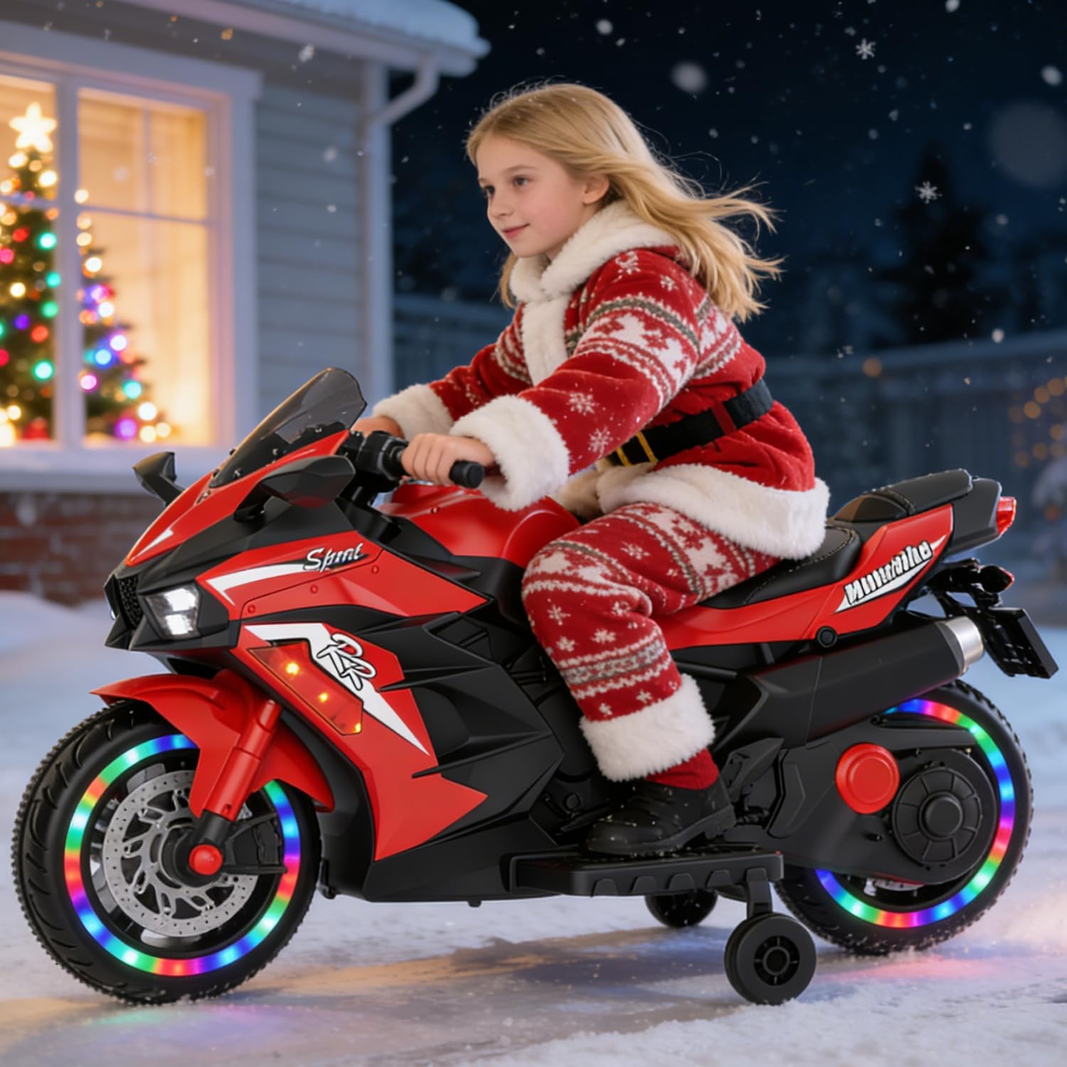 WIIS' IDEA Kids Ride On Motorcycle,12V Electric Battery Powered Ride On Bike,3 Wheels Electric Motorcycle for Kids Ages 3-6 Years with Hand Racing,LED Light-Emitting Tyres,PU seat,Toy Gifts,Red