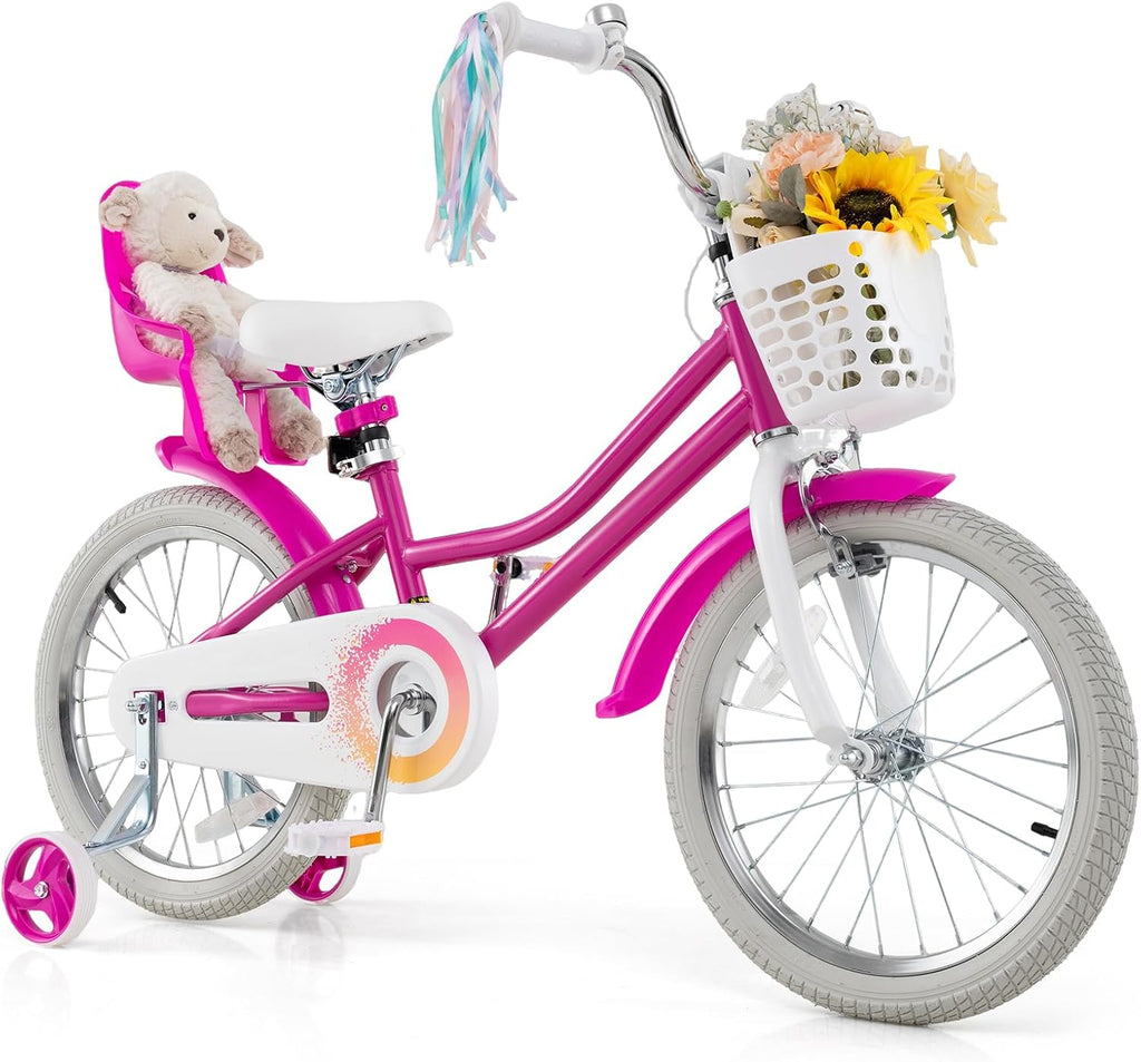 BABY JOY Kids Bike, 12 14 16 18 20 Inch Girls Bike w/Detachable Training Wheels or Kickstand, Storage Basket, Adjustable Seat & Handlebar, Bow or Streamer, Children Bicycle for 3-8 Years Old