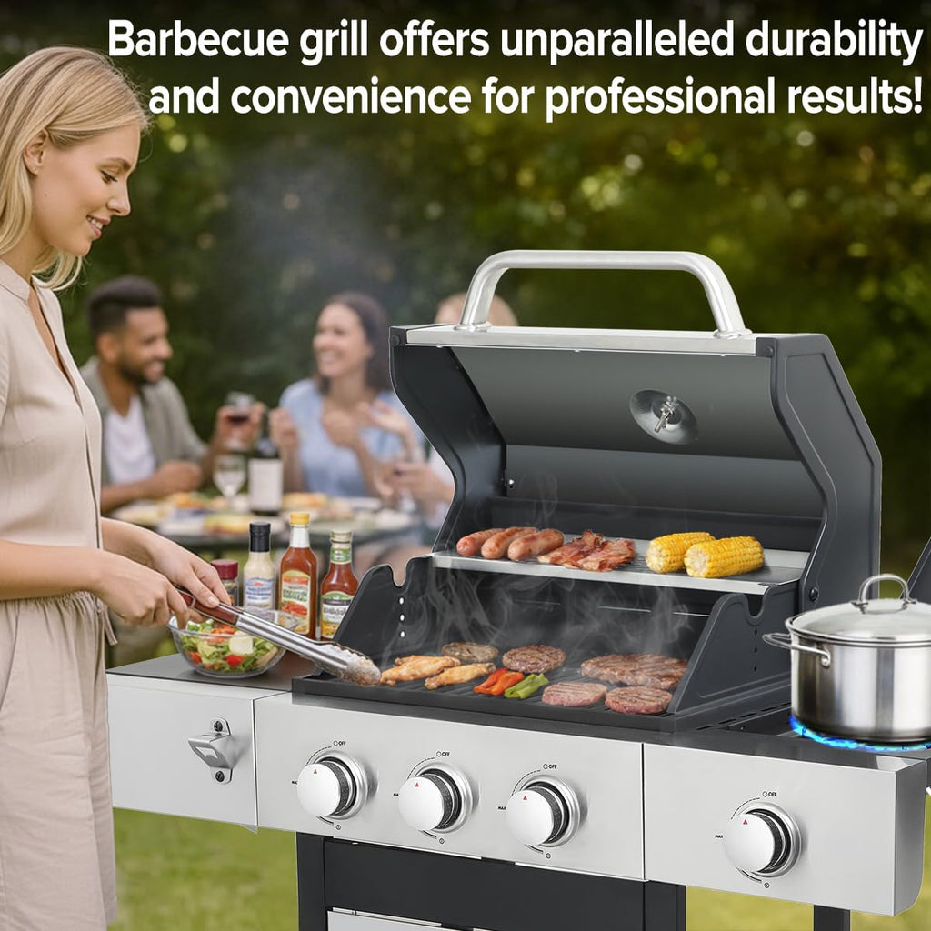 CIG GARDEN 3-Burner Propane Gas Grill With Side Burner, Double-layer Stainless Steel BBQ Grill with Lid Cast Iron Grates, 41,500 BTU Output Perfect for Outdoor Cooking, Backyard, Camping, BBQ Grill