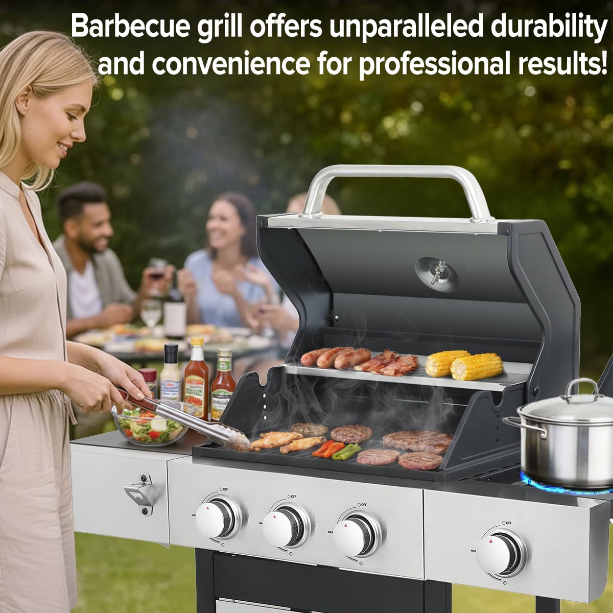 CIG GARDEN 3-Burner Propane Gas Grill With Side Burner, Double-layer Stainless Steel BBQ Grill with Lid Cast Iron Grates, 41,500 BTU Output Perfect for Outdoor Cooking, Backyard, Camping, BBQ Grill
